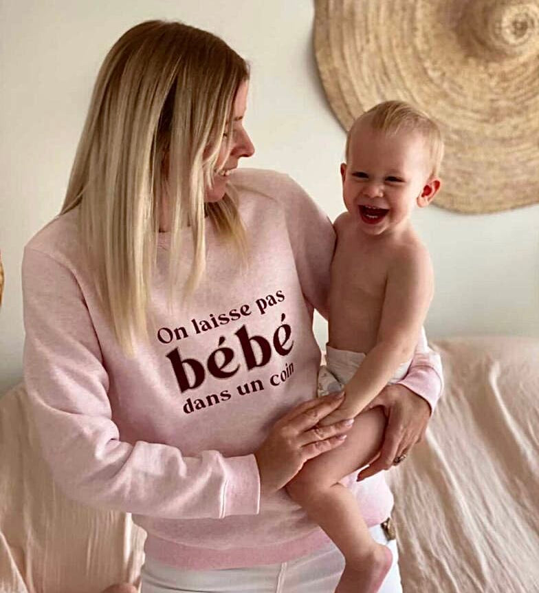 Sweat-shirt femme culte - "On ne laisse pas bébé dans un coin" - Rose chiné sweatshirt bébé MELLIPOU