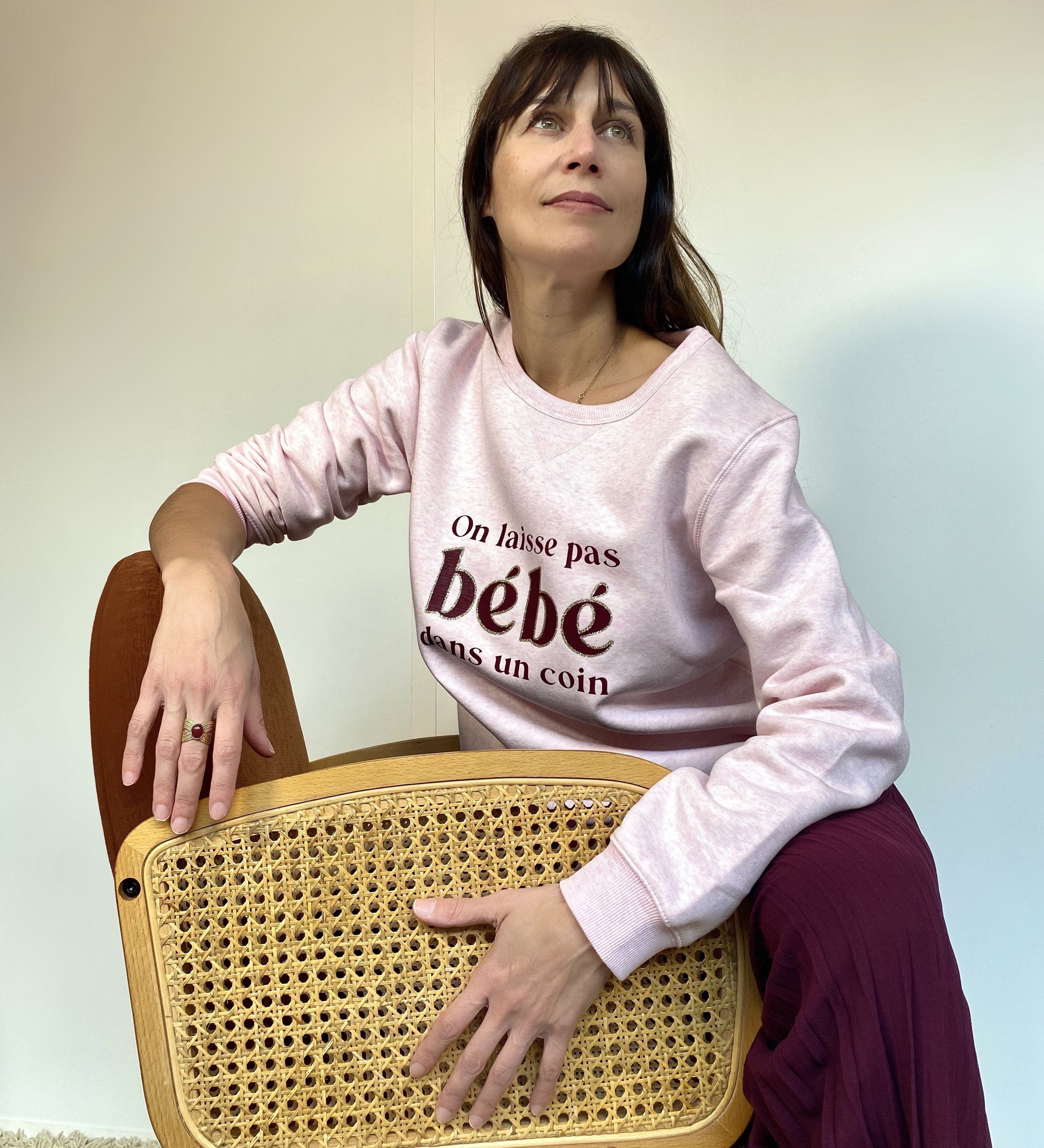Sweat-shirt femme culte - "On ne laisse pas bébé dans un coin" - Rose chiné sweatshirt bébé MELLIPOU