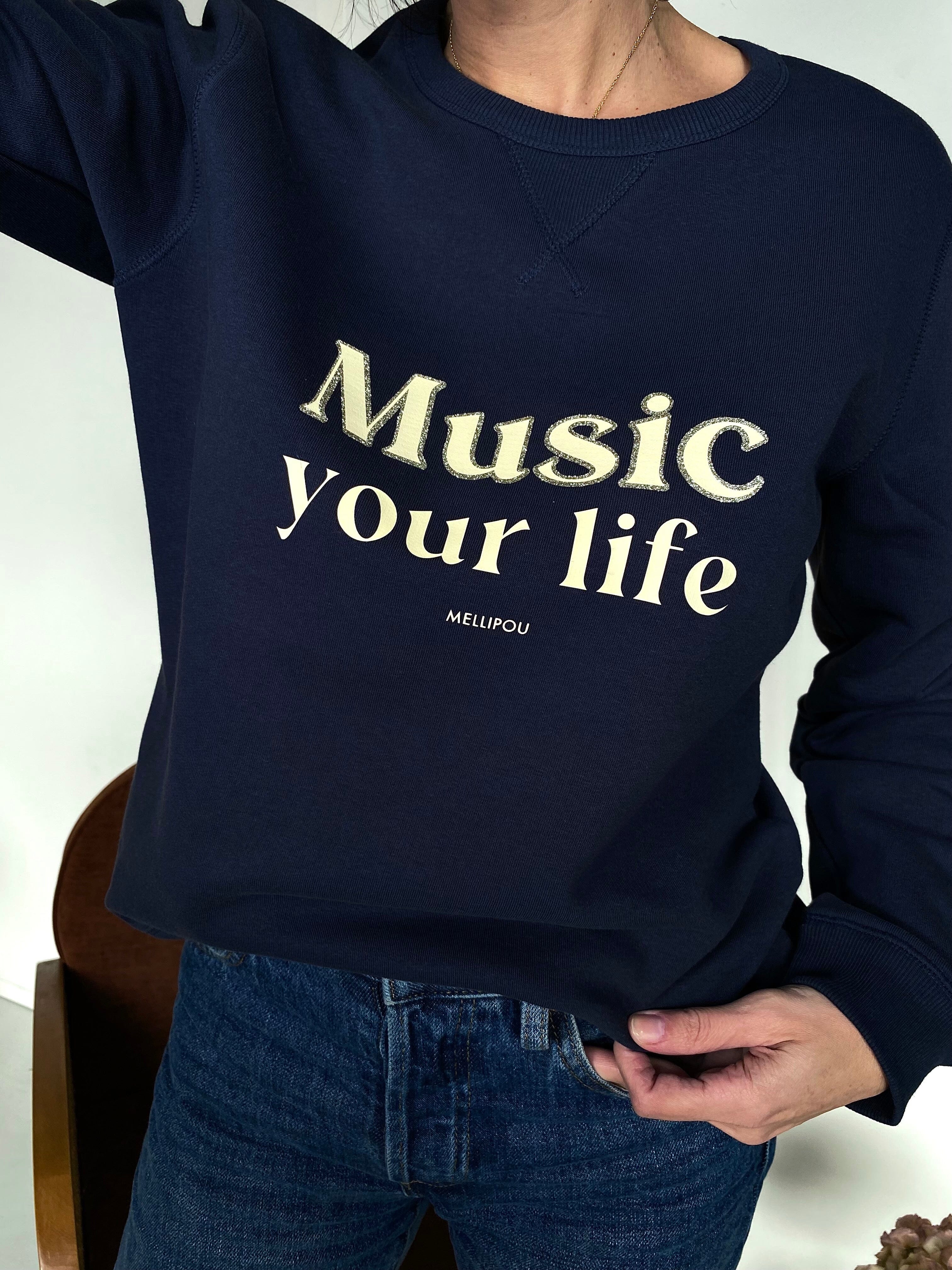 Sweat-shirt femme culte - "Music your life" - Bleu marine sweatshirt music MELLIPOU