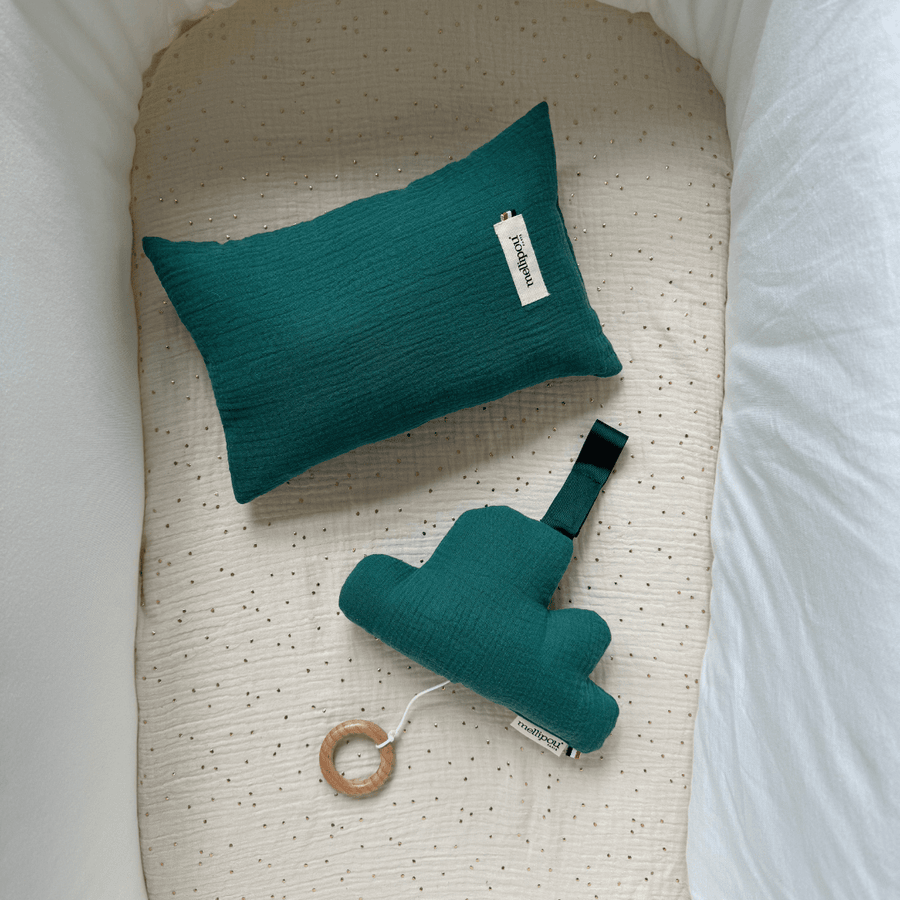 Cadeau naissance peluche et coussin en lange - Vert coffret naissance classique MELLIPOU