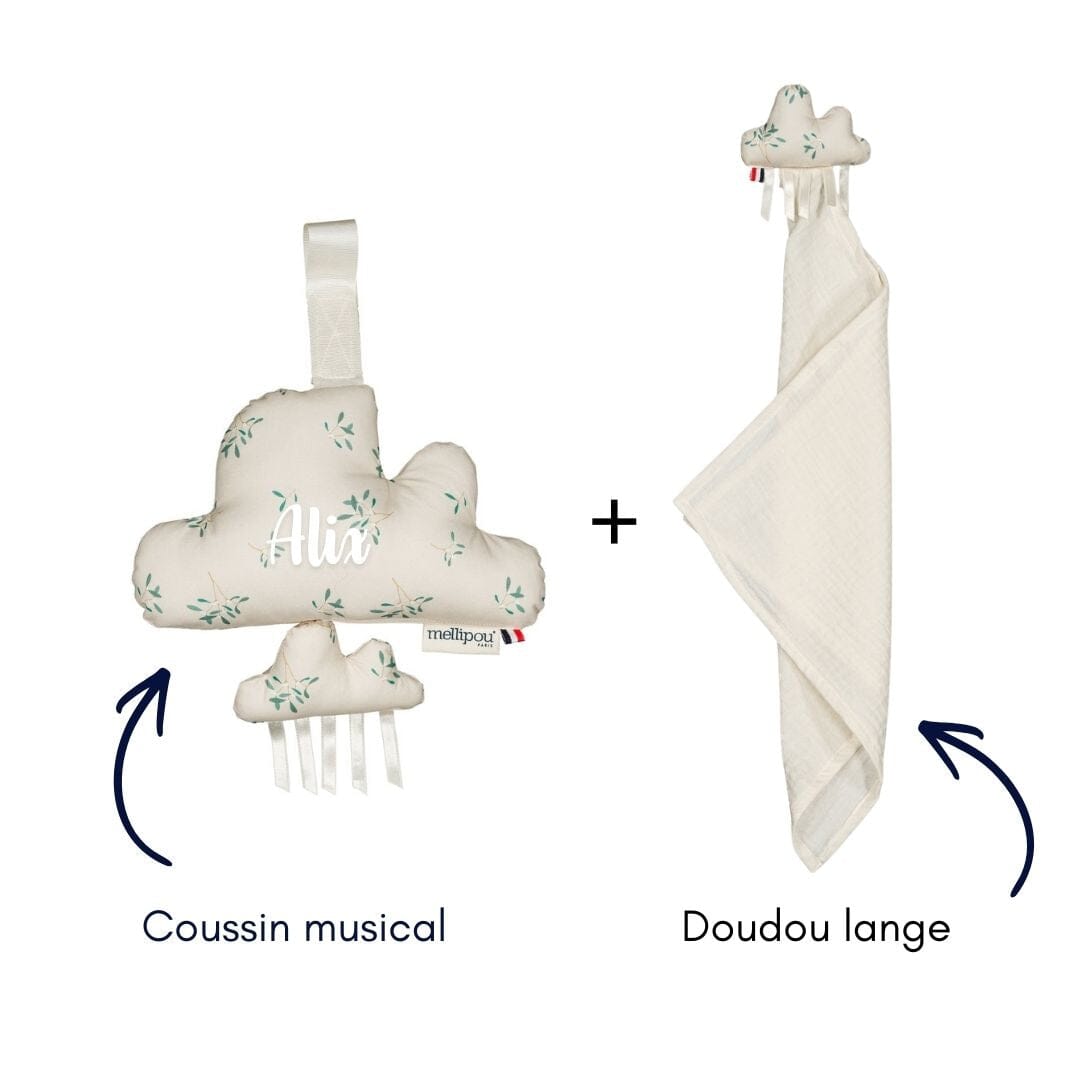 Coffret bébé doudou et coussin musical - Léonard coffret naissance classique MELLIPOU