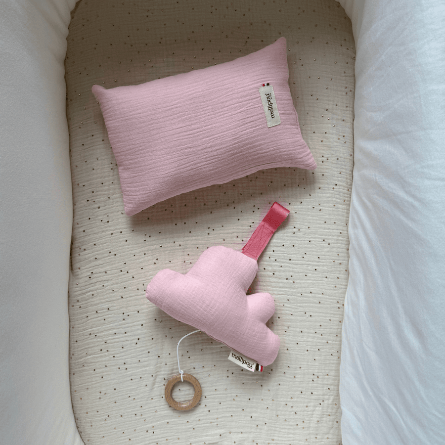 Coffret naissance peluche et coussin en lange - Rose coffret naissance classique MELLIPOU