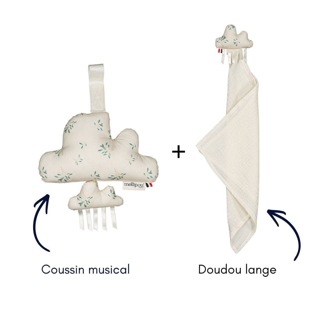 Coffret bébé doudou et coussin musical - Léonard coffret naissance classique MELLIPOU