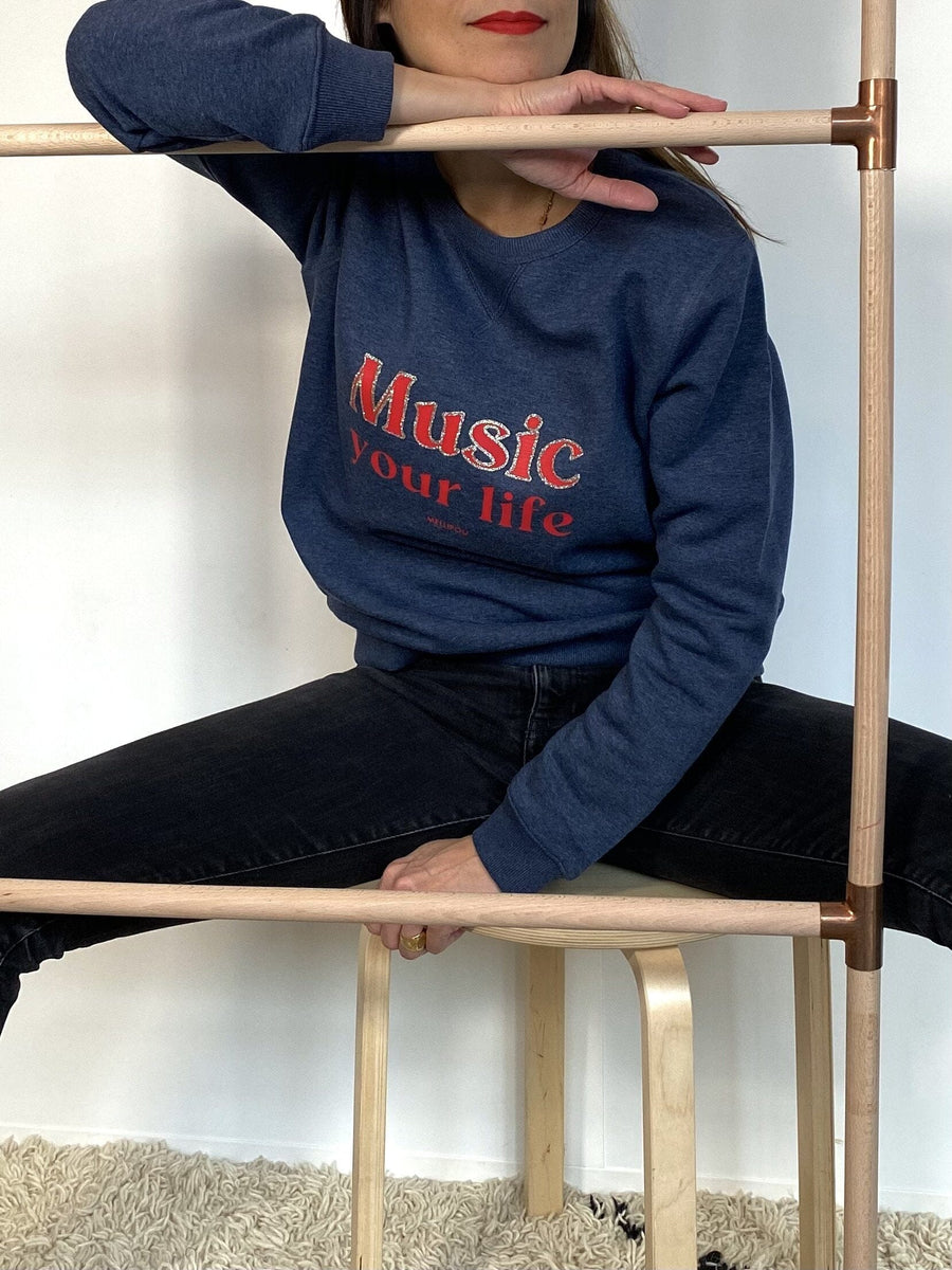 Sweat-shirt femme culte - "Music your life" - Bleu Jean sweatshirt music MELLIPOU