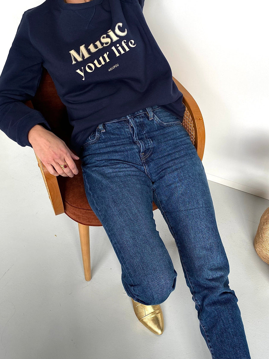 Sweat-shirt femme culte - "Music your life" - Bleu marine sweatshirt music MELLIPOU