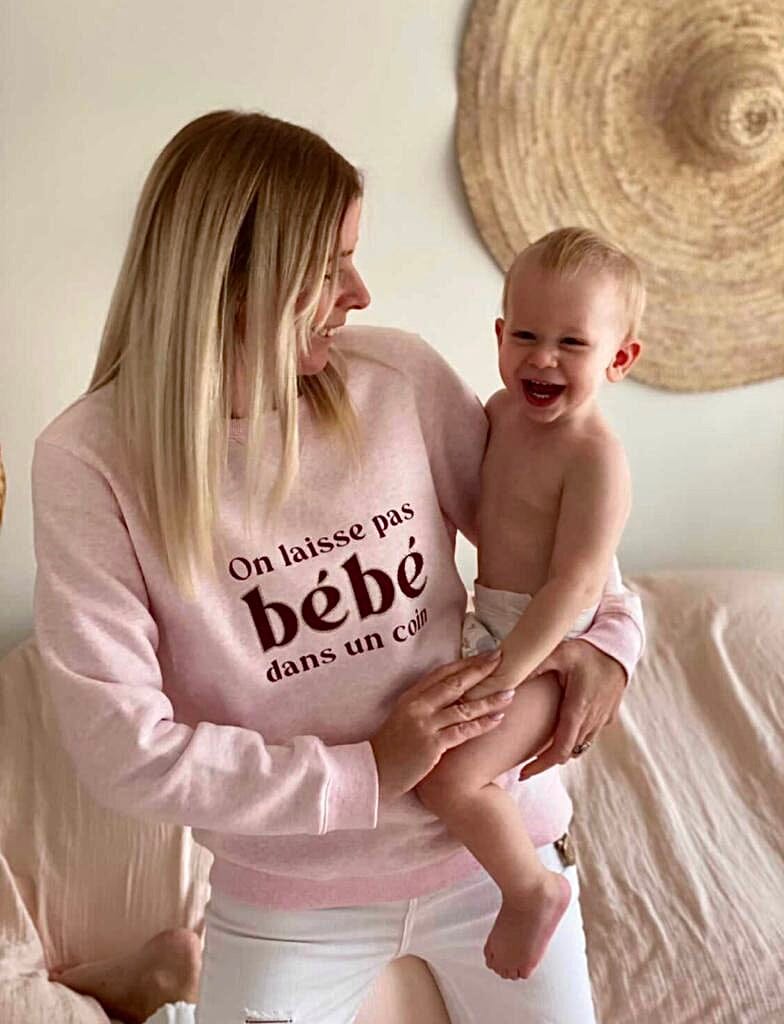 Sweat-shirt femme culte - "On ne laisse pas bébé dans un coin" - Rose chiné sweatshirt bébé MELLIPOU